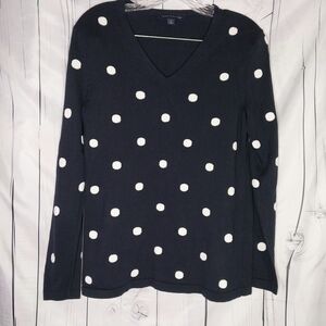 Tommy Hilfiger Dark Blue and White Polka Dot Preppy V-Neck Women's Sweater
